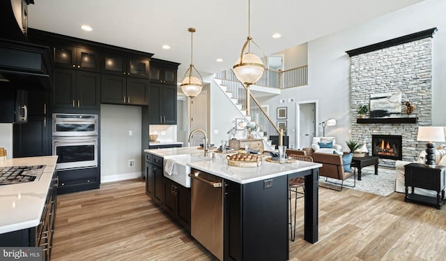 kitchen with a kitchen island with sink, sink, a fireplace, light hardwood / wood-style floors, and stainless steel appliances