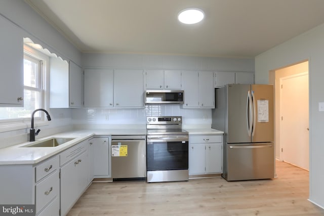 kitchen featuring sink, light wood-type flooring, white cabinetry, stainless steel appliances, and decorative backsplash