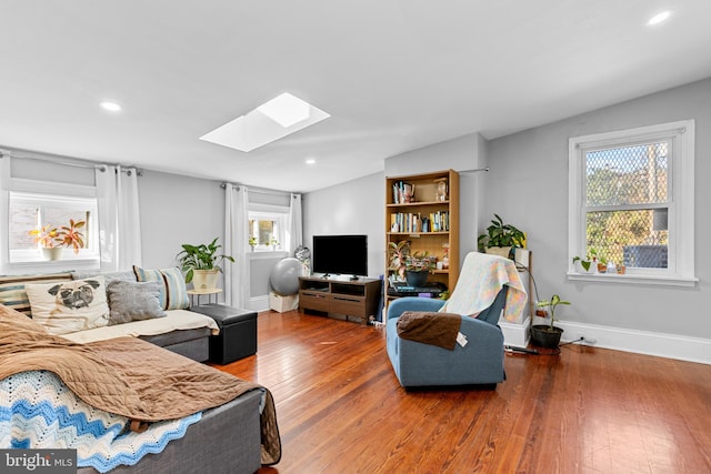 living room featuring a skylight and wood-type flooring