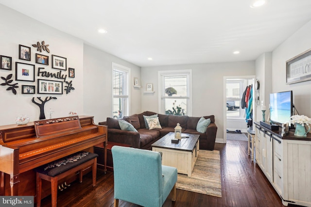 living room featuring plenty of natural light and dark hardwood / wood-style floors