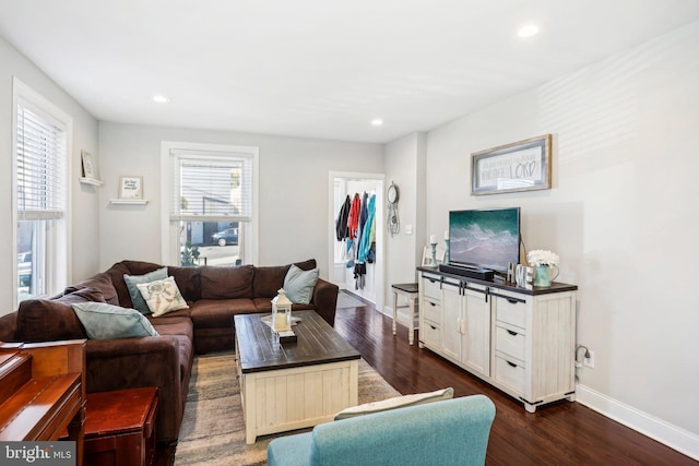 living room featuring a healthy amount of sunlight and dark hardwood / wood-style flooring