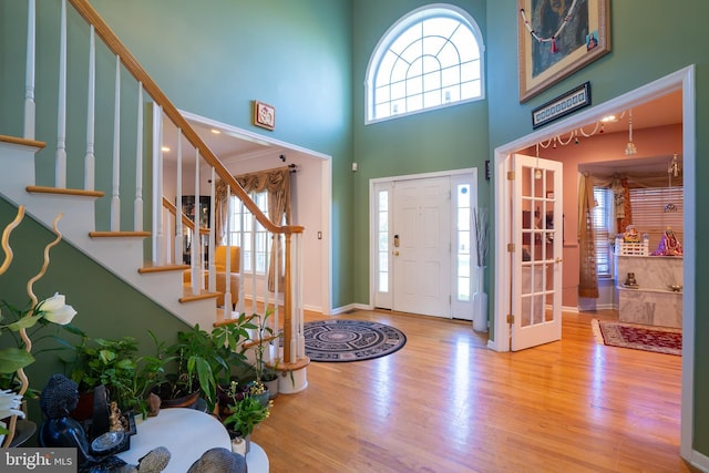 entryway featuring a high ceiling and wood-type flooring