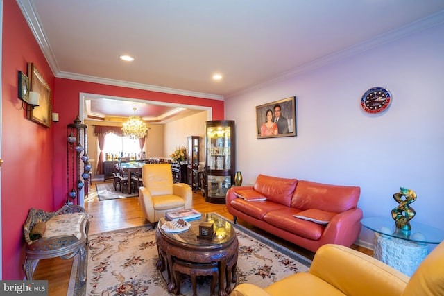 10 Eddie Ct, Dayton, NJ 08810 - living room with ornamental molding, a notable chandelier, wood finished floors, and recessed lighting