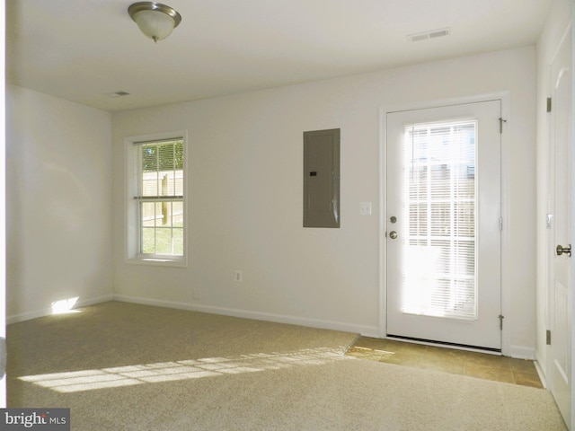 entryway featuring a healthy amount of sunlight, light carpet, and electric panel