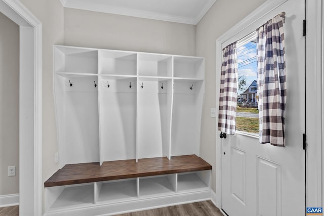 mudroom with ornamental molding, hardwood / wood-style floors, and a wealth of natural light