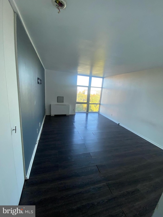 empty room featuring a wall of windows and dark hardwood / wood-style flooring