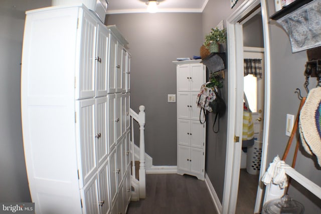 hall with dark hardwood / wood-style flooring and ornamental molding