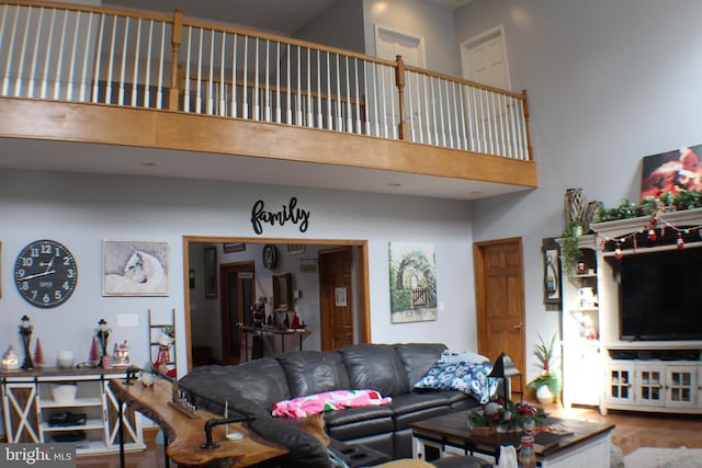 living room featuring a high ceiling and hardwood / wood-style flooring