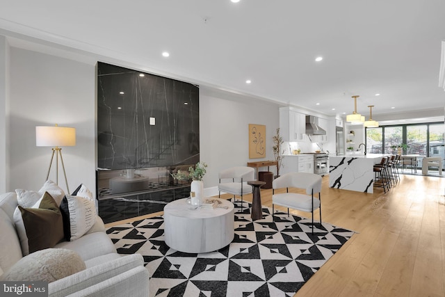 living area featuring light wood finished floors and recessed lighting