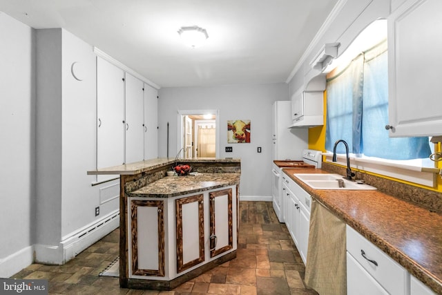 kitchen featuring white cabinetry, ornamental molding, sink, and white range with electric stovetop