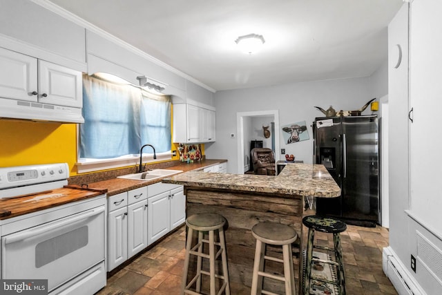 kitchen featuring range hood, sink, white range with electric cooktop, refrigerator with ice dispenser, and white cabinetry