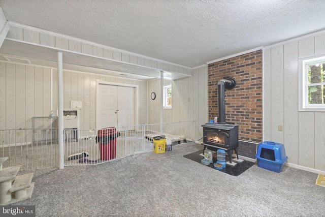 living room with wood walls and carpet floors