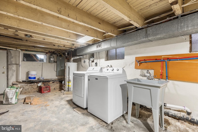 clothes washing area with electric panel, water heater, sink, and separate washer and dryer