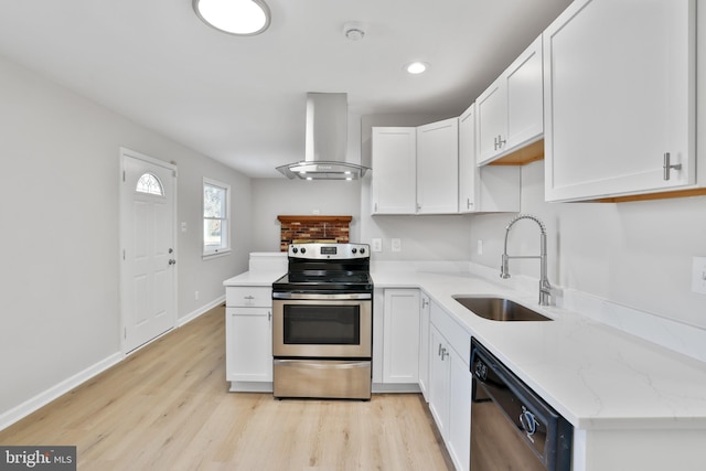 kitchen featuring sink, electric range, ventilation hood, and white cabinets