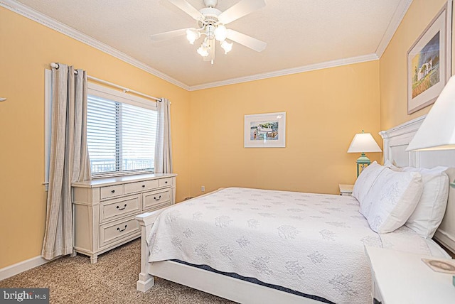 bedroom with ceiling fan, light carpet, and ornamental molding