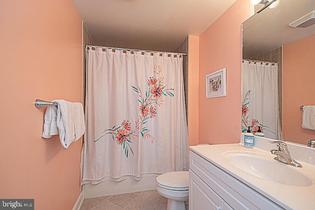 full bathroom with vanity, shower / bath combination with curtain, toilet, and tile patterned floors