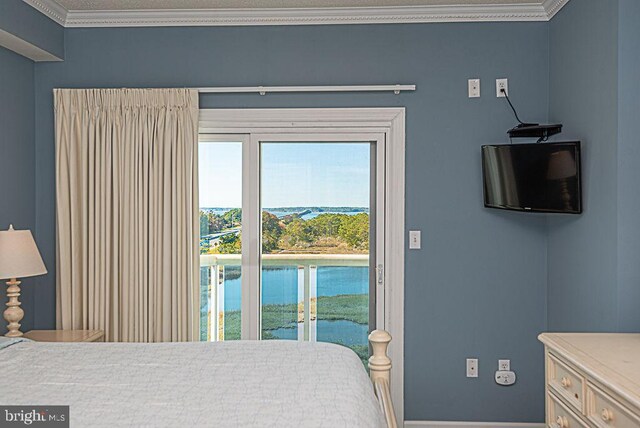 bedroom featuring ornamental molding and access to exterior