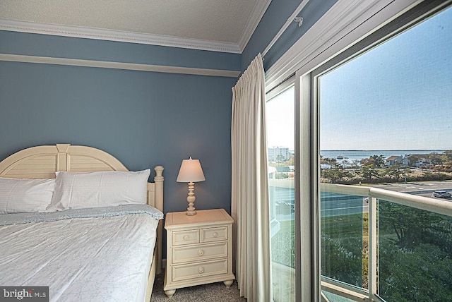 bedroom with carpet, crown molding, and a textured ceiling