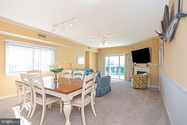 carpeted dining area with ornamental molding, rail lighting, a textured ceiling, and ceiling fan