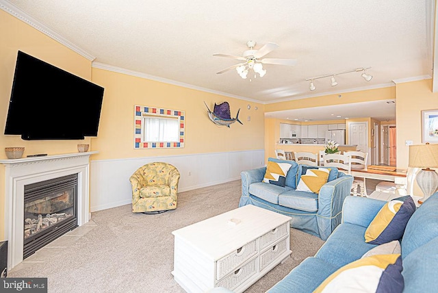 carpeted living room with rail lighting, ceiling fan, and ornamental molding