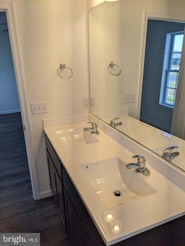 bathroom featuring vanity and wood-type flooring