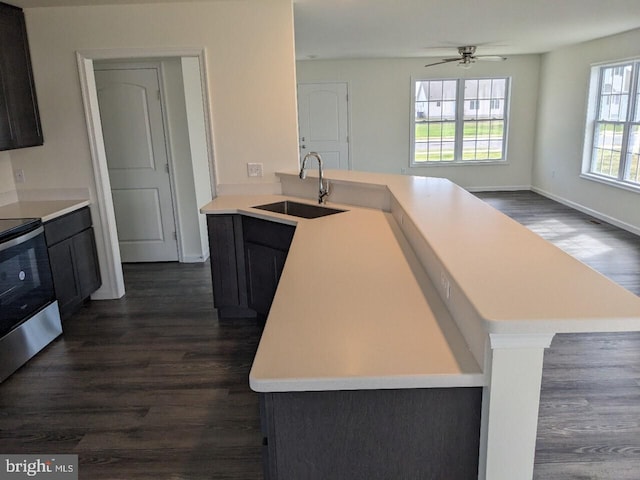 kitchen featuring stainless steel range oven, dark wood-type flooring, and sink