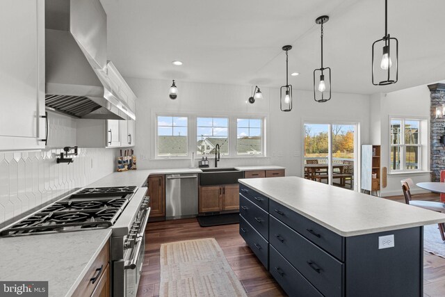 kitchen featuring sink, dark hardwood / wood-style flooring, white cabinetry, stainless steel appliances, and wall chimney exhaust hood