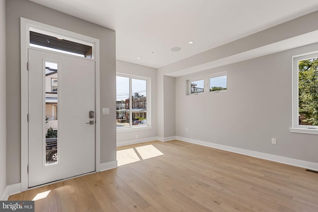 foyer entrance with a healthy amount of sunlight and light hardwood / wood-style flooring