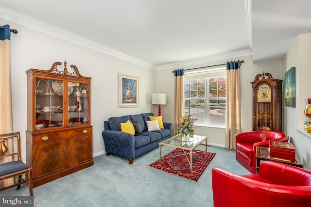 carpeted living room with crown molding