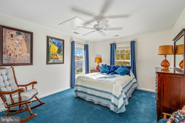 carpeted bedroom featuring ceiling fan