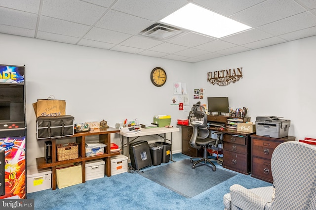 home office featuring a paneled ceiling and carpet floors