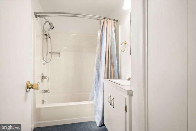 full bathroom with shower / bathtub combination with curtain and vanity