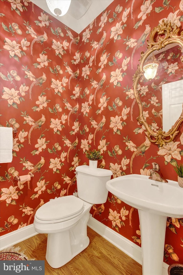 bathroom with toilet and hardwood / wood-style floors