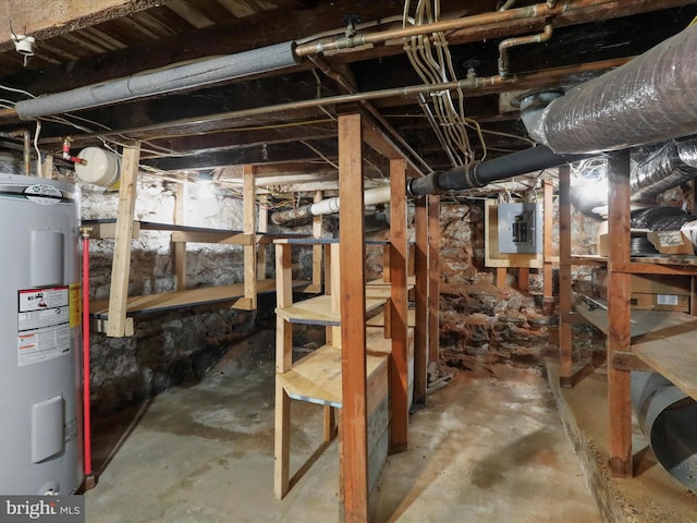 basement with electric water heater and electric panel