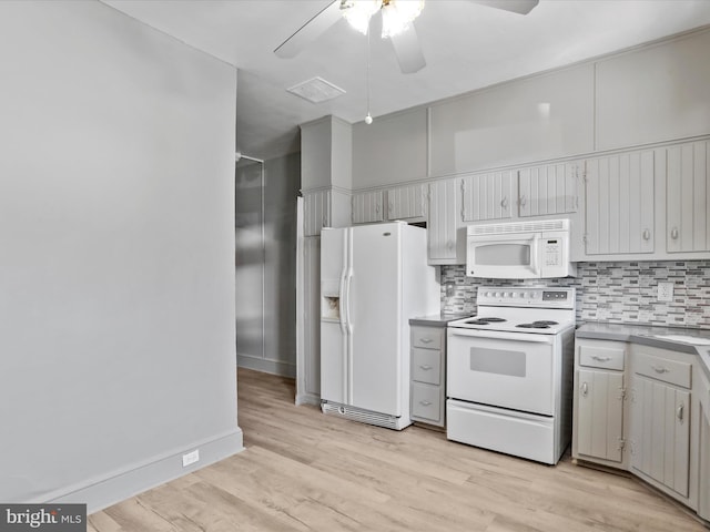 kitchen featuring light hardwood / wood-style flooring, decorative backsplash, ceiling fan, and white appliances