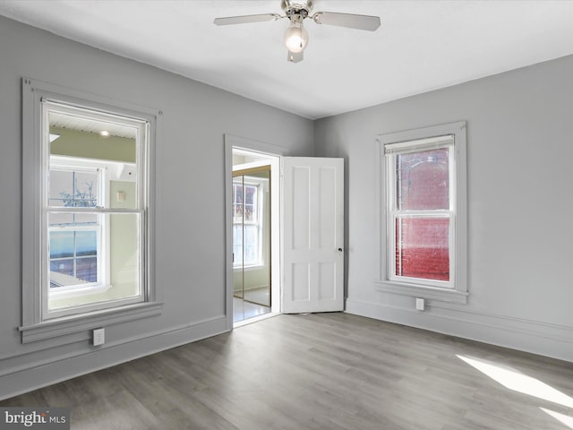 empty room featuring ceiling fan, light hardwood / wood-style flooring, and plenty of natural light