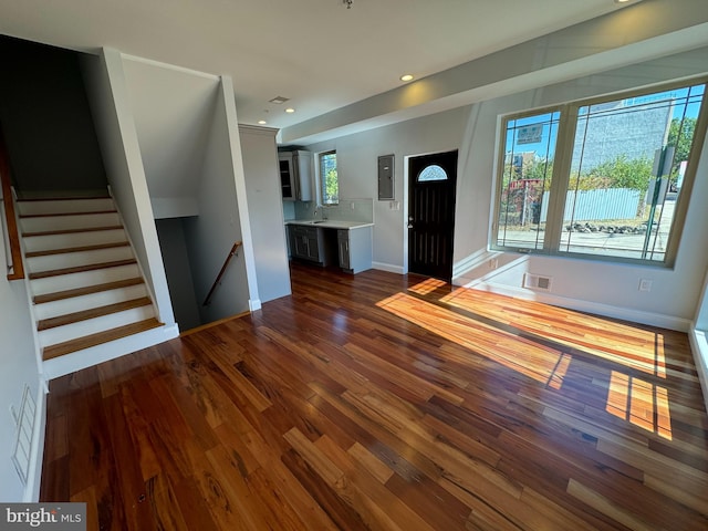 foyer entrance with dark hardwood / wood-style floors, a healthy amount of sunlight, electric panel, and sink