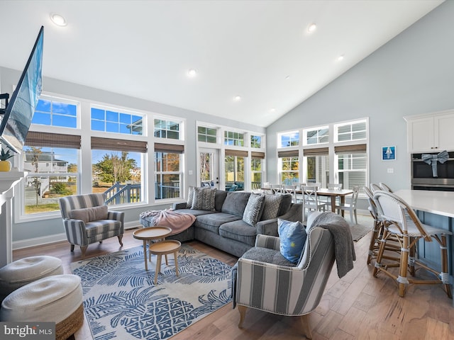 living room featuring hardwood / wood-style flooring and high vaulted ceiling