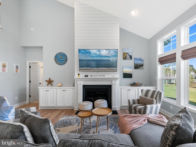 living room with light hardwood / wood-style floors and high vaulted ceiling