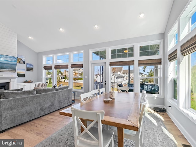 dining area featuring a healthy amount of sunlight, high vaulted ceiling, and light wood-type flooring