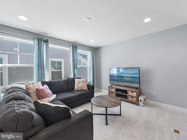 living room with light colored carpet