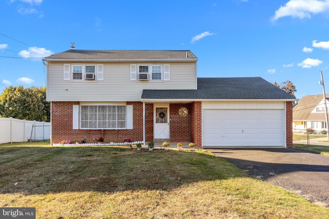 front facade with a garage and a front lawn