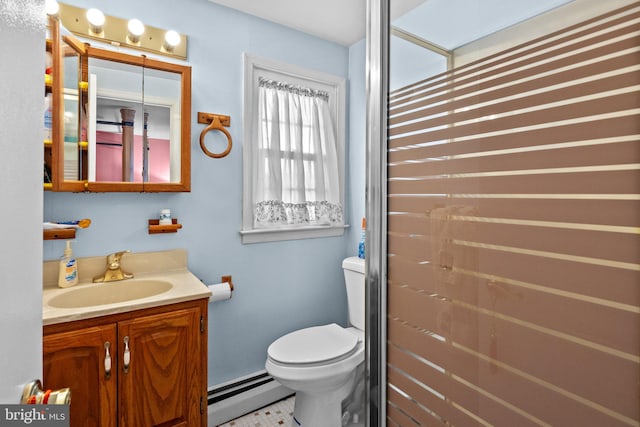 bathroom featuring baseboard heating, vanity, toilet, and tile patterned flooring