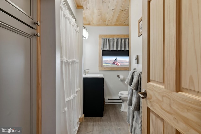 bathroom with a baseboard radiator, wood-type flooring, toilet, wood ceiling, and vanity