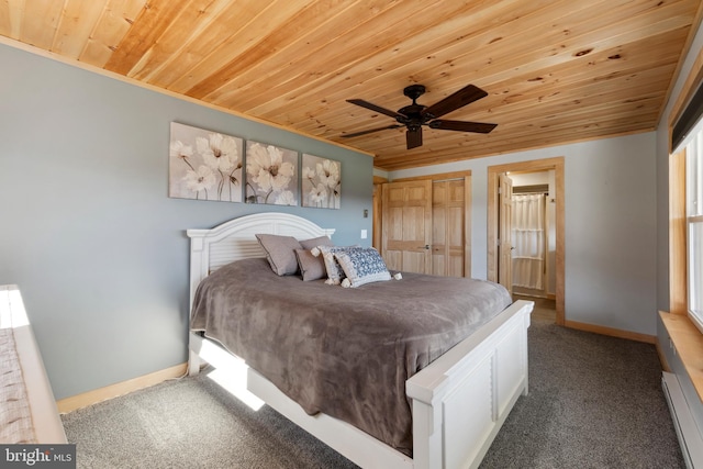 carpeted bedroom with ensuite bathroom, baseboard heating, ceiling fan, and wood ceiling