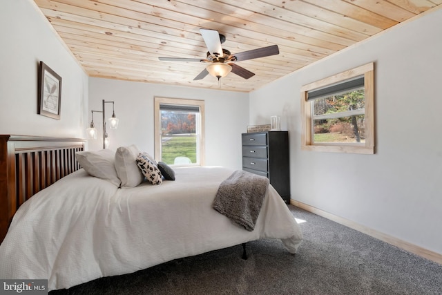 bedroom featuring carpet floors, multiple windows, ceiling fan, and wood ceiling