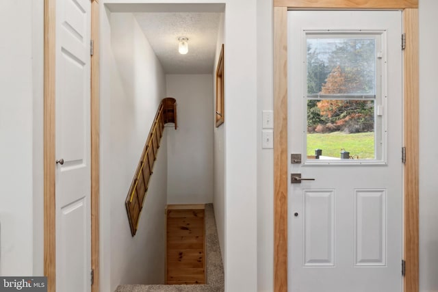 doorway to outside with a textured ceiling and carpet flooring