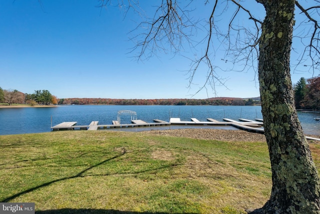 dock area with a lawn and a water view