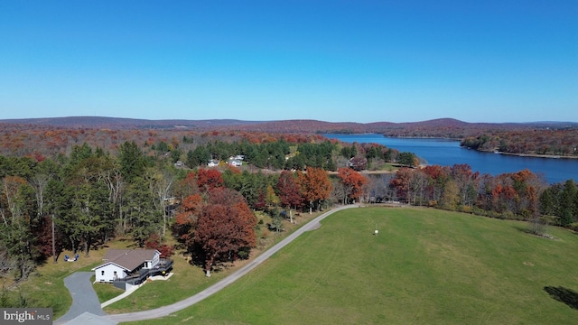 drone / aerial view with a water and mountain view