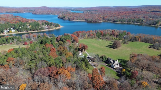 drone / aerial view featuring a water view